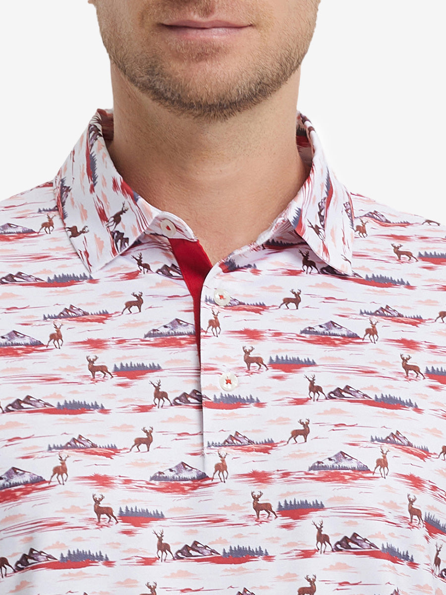MAELREG Men's Performance Jersey Print Polo – Front chest view in Sunset Elk