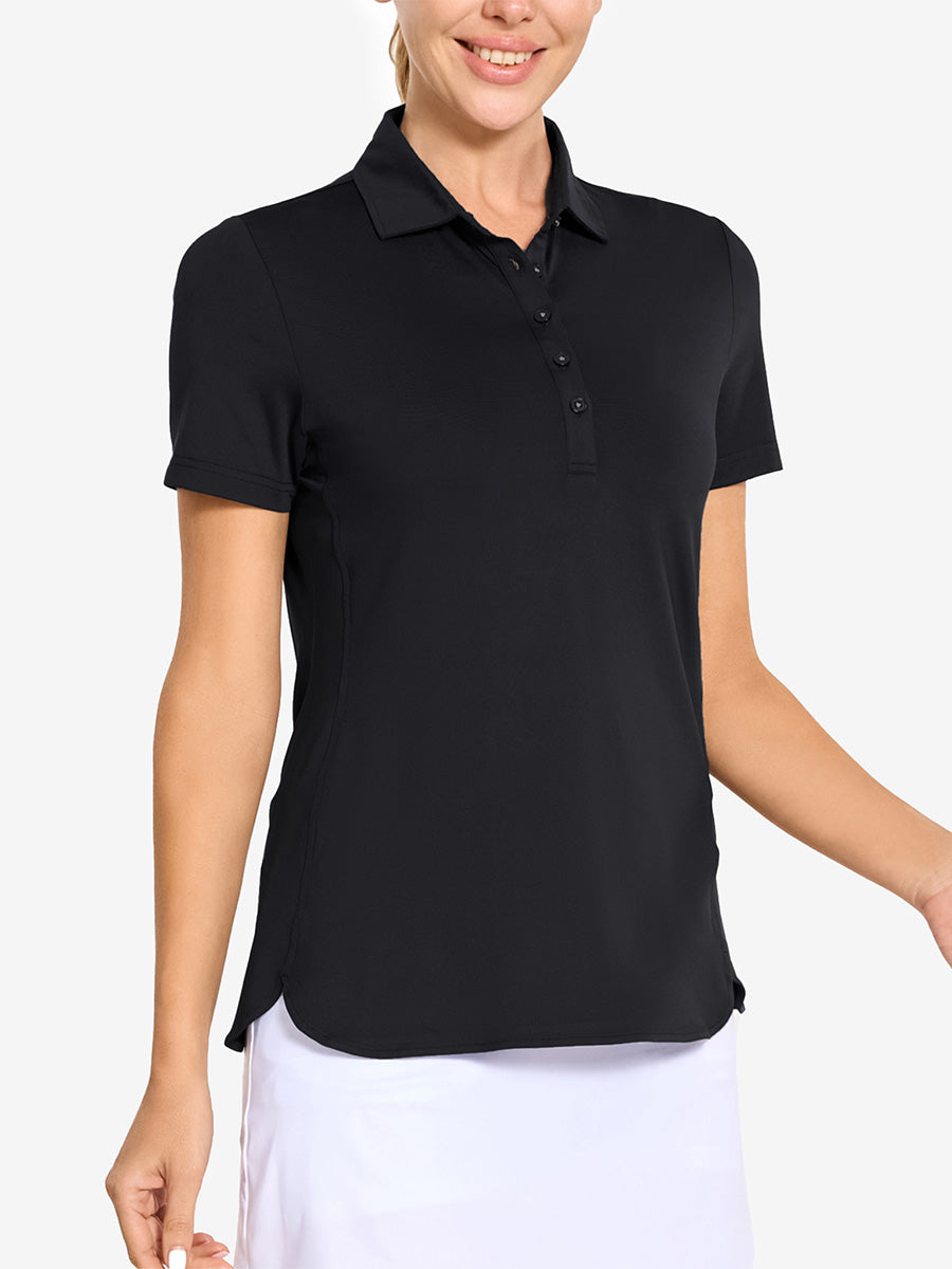 Front view from nose to hem of model wearing BLACK Women's Performance Solid Polo with skirt