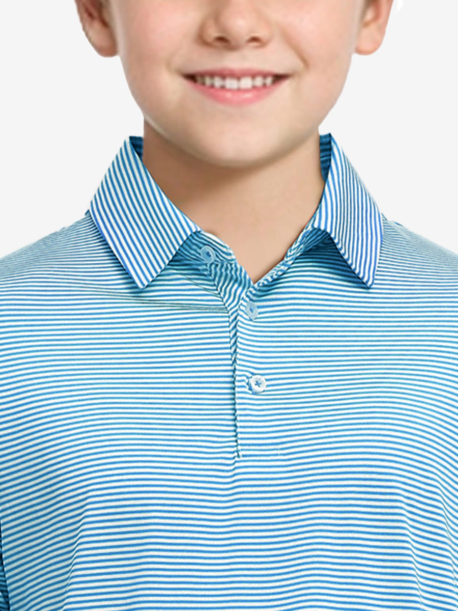 MAELREG Youth Cooling Polo – front upper-body close-up in Sky Blue Stripe