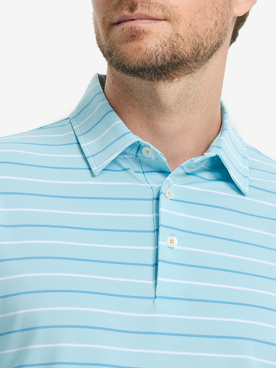 Front close-up from nose to chest of model in ICED AQUA STRIPE Stylish Performance Golf Polo