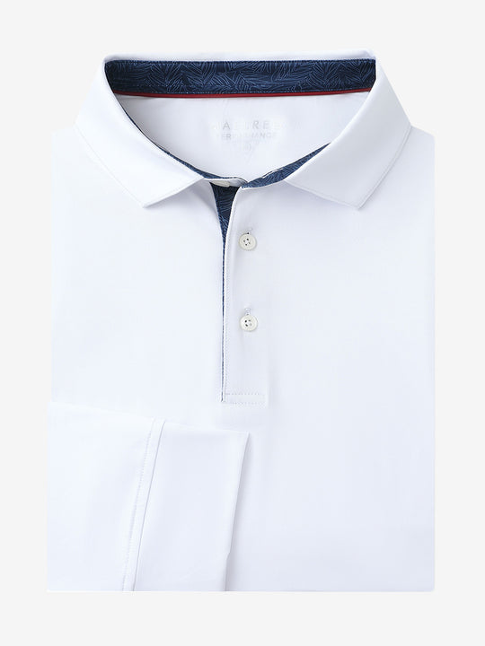 Folded view of WHITE Long Sleeve Solid Jersey Polo showing fabric texture and neat folds