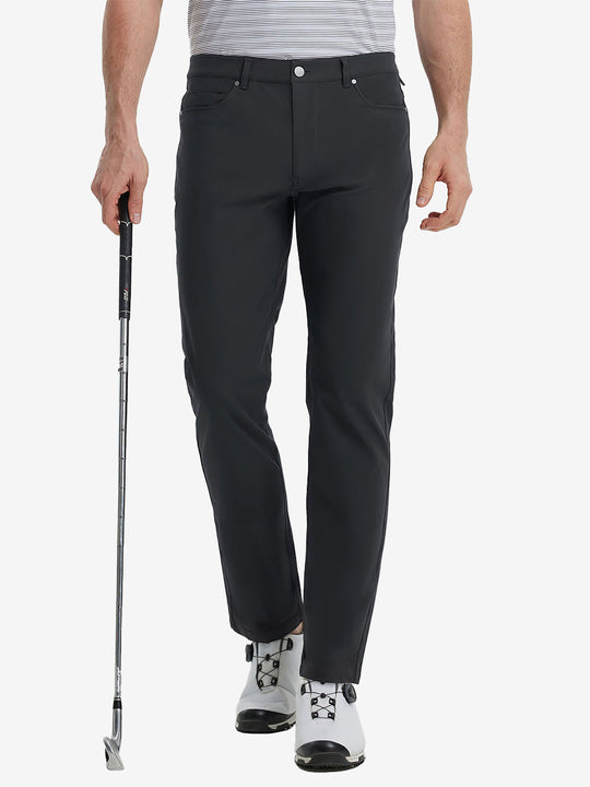 Front view of model wearing Stretch Plain Everyday Pants, athletic fit and minimal look – BLACK