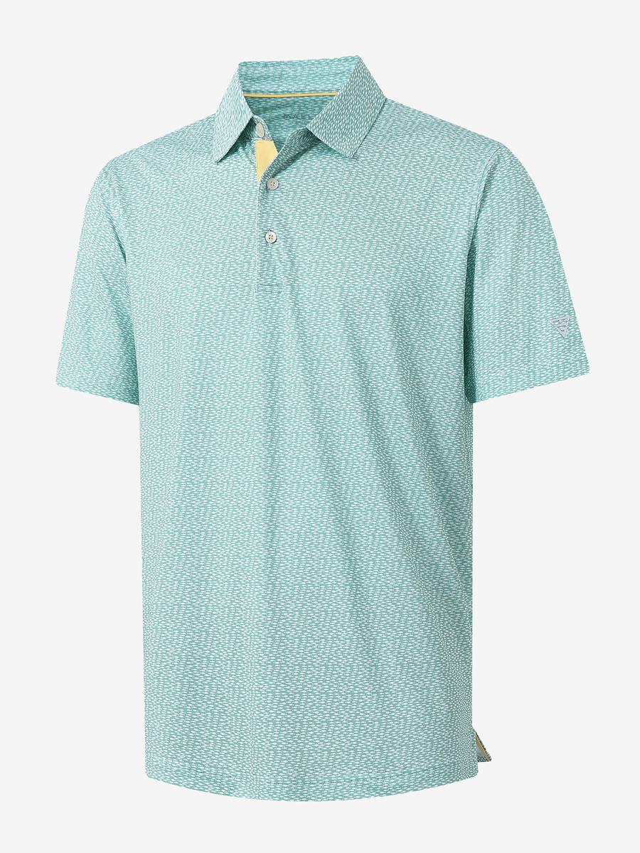 3D view of MAELREG Performance Jersey Print Polo in Green White Fish – breathable golf fabric