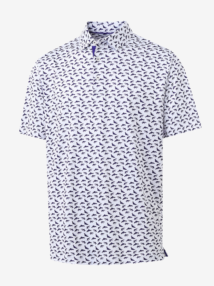 3D view showcasing the cool design on WHITE PURPLE SHARK Performance Print Boys Golf Polo
