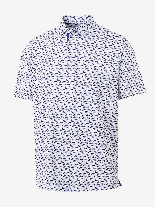 3D view showcasing the cool design on WHITE PURPLE SHARK Performance Print Boys Golf Polo