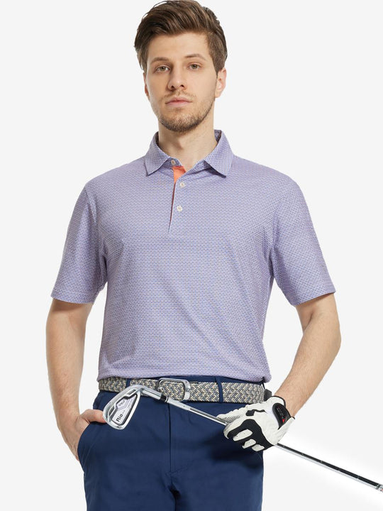 MAELREG Men's Performance Jersey Print Polo in Blue White Oval – front half-body with golf pose
