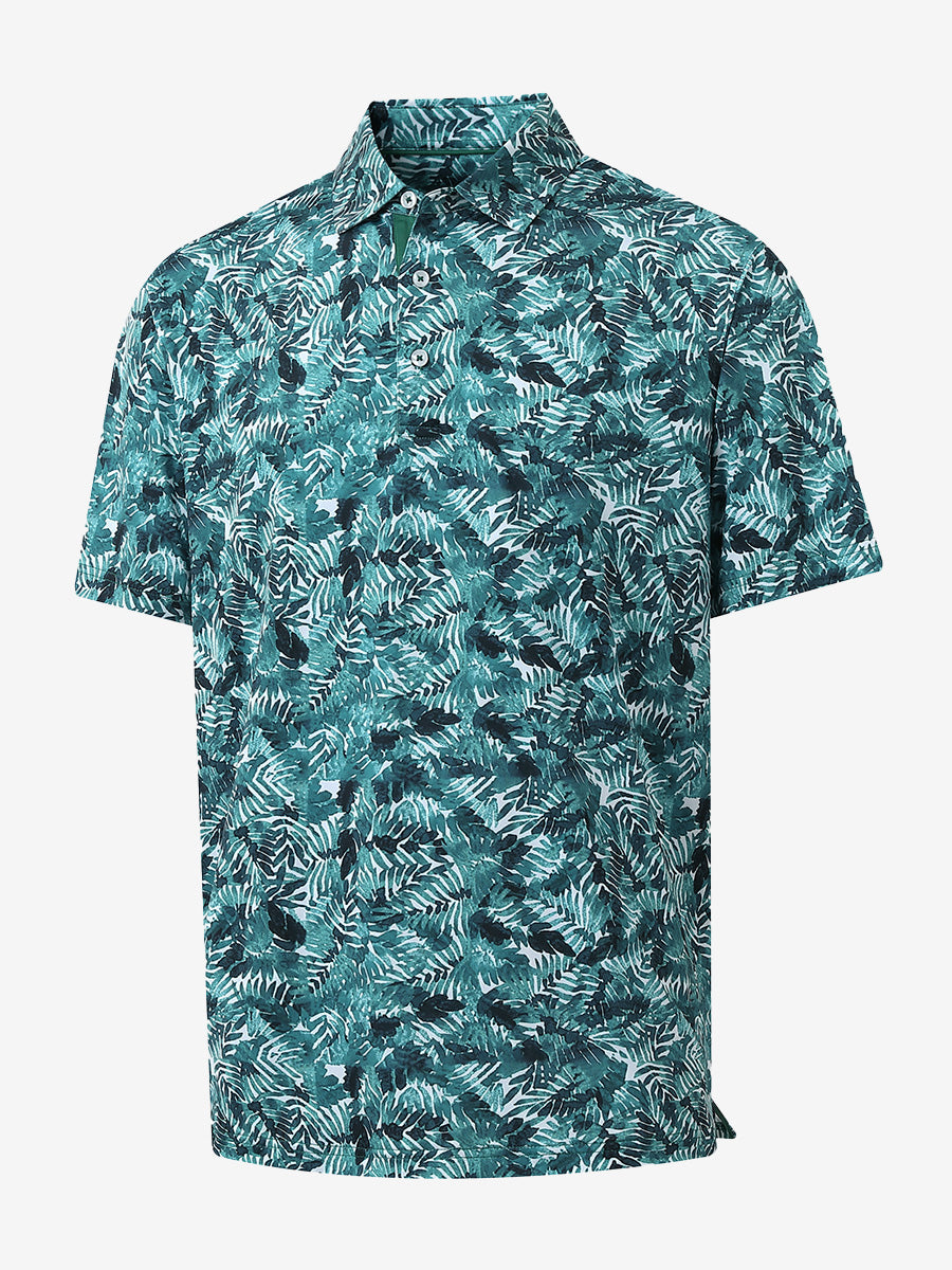 3D view of MAELREG Performance Jersey Print Polo in Dark Green Leaf – breathable golf fabric
