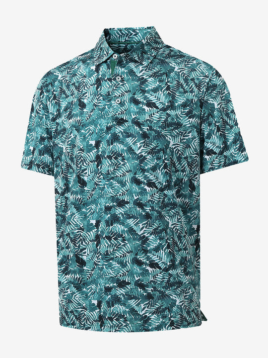3D view of MAELREG Performance Jersey Print Polo in Dark Green Leaf – breathable golf fabric
