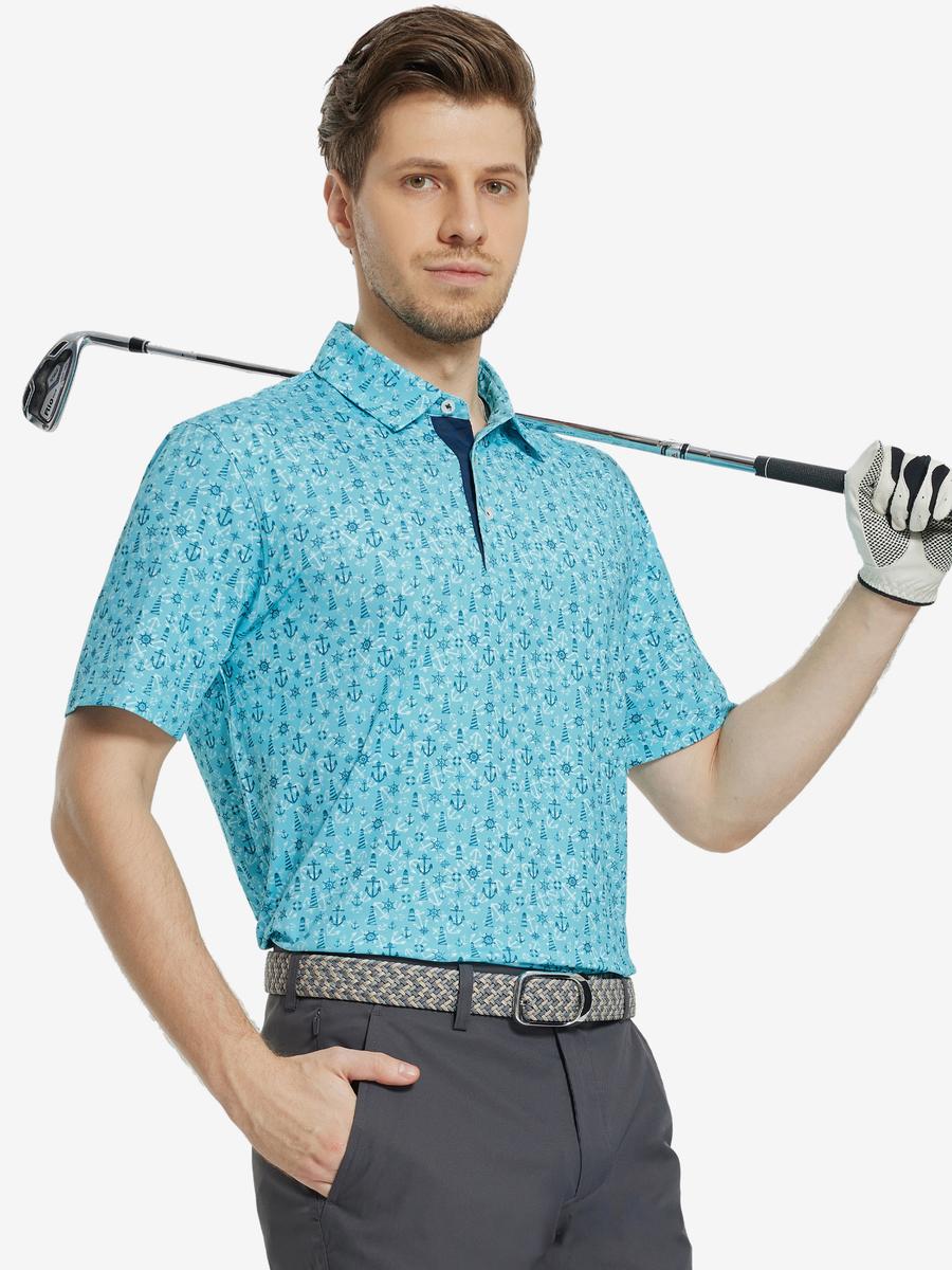 MAELREG Men's Performance Jersey Print Polo in Beacon Boat Anchor – front half-body with golf pose