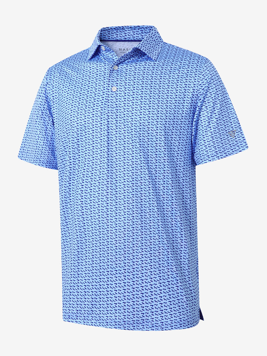 3D view of MAELREG Performance Jersey Print Polo in Bluejay Navy Dogs – breathable golf fabric