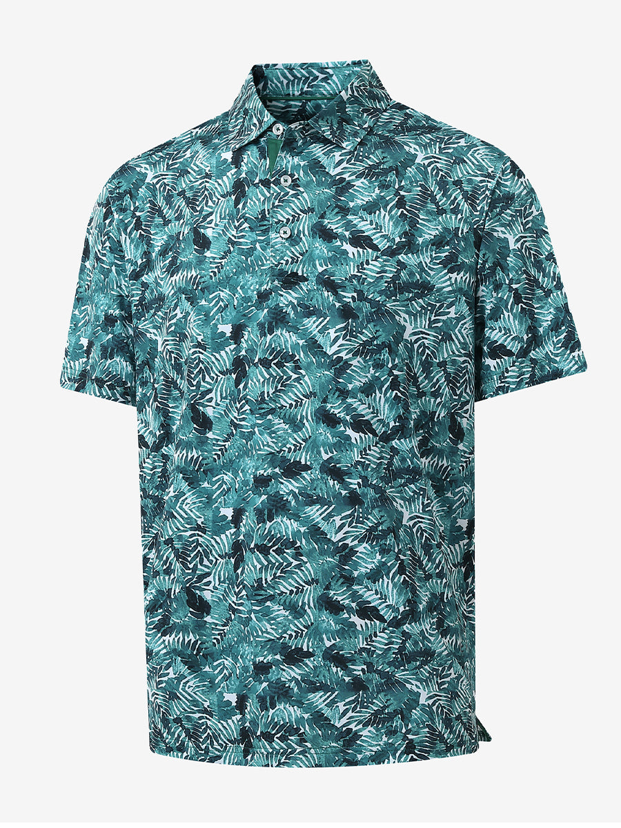 3D angle of DARK GREEN LEAF polo highlighting leaf pattern and tailored design