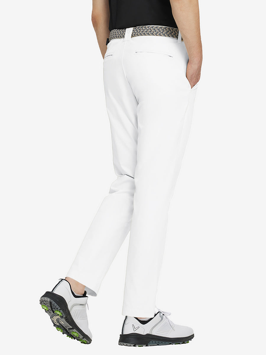WHITE Water Resistant Everyday Pants back view, model's lower body with both hands in pockets