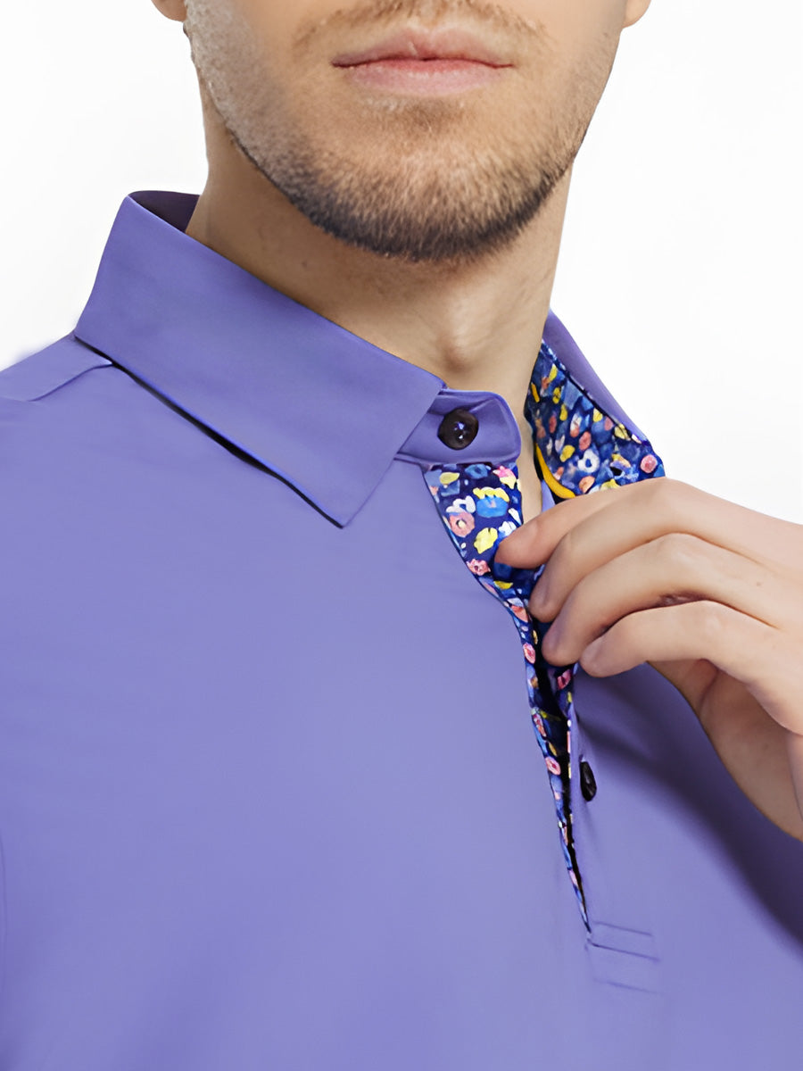 Male model wearing the Bluish Violet Everyday Classic Solid Polo, front view from nose to chest