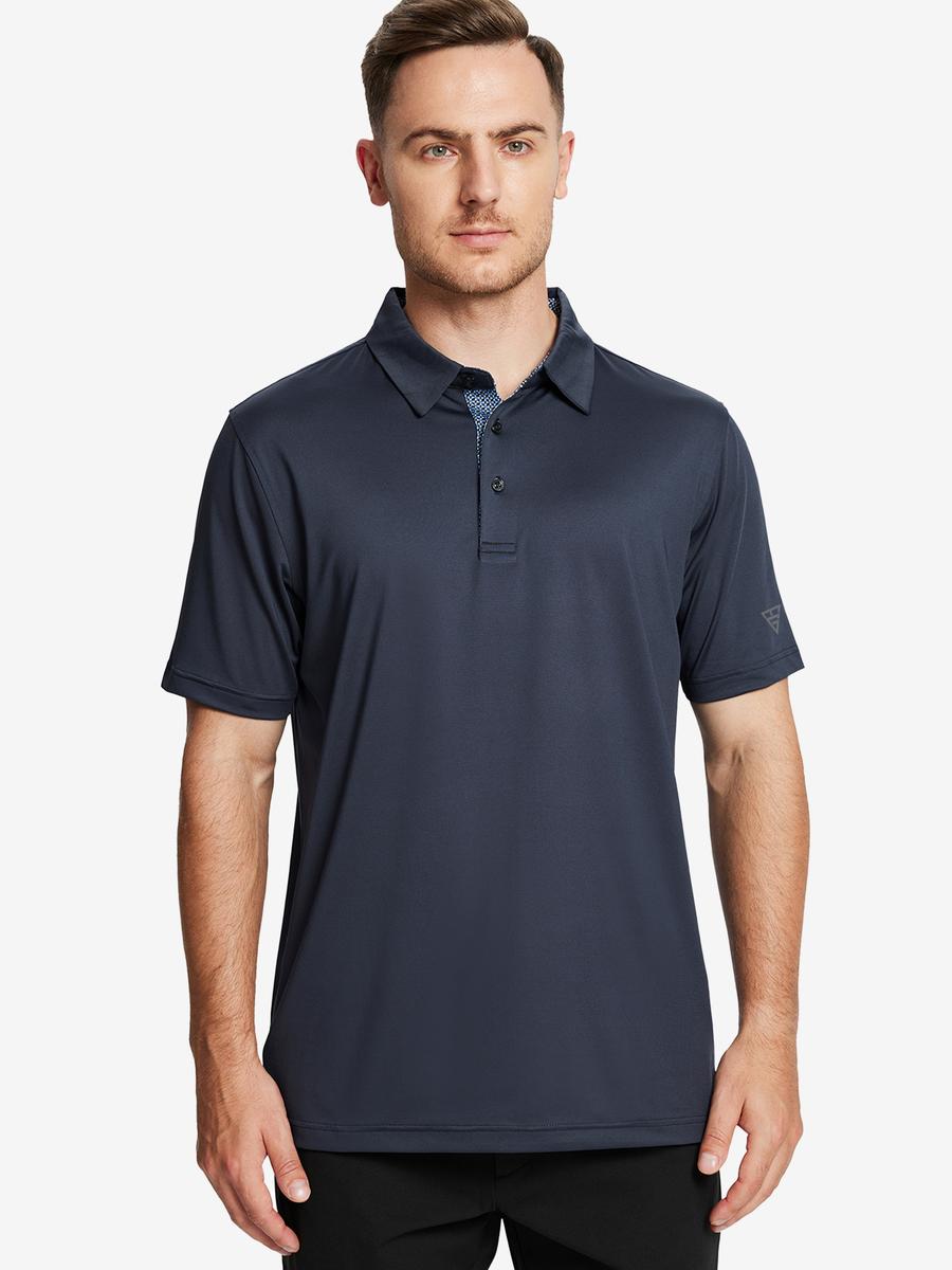 Front half-body view of male model in the Dark Grey Everyday Classic Solid Polo, standing still