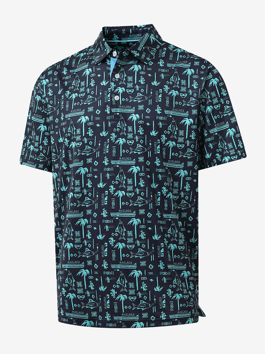 3D view of MAELREG Performance Jersey Print Polo in Navy Ocean Beach – breathable golf fabric