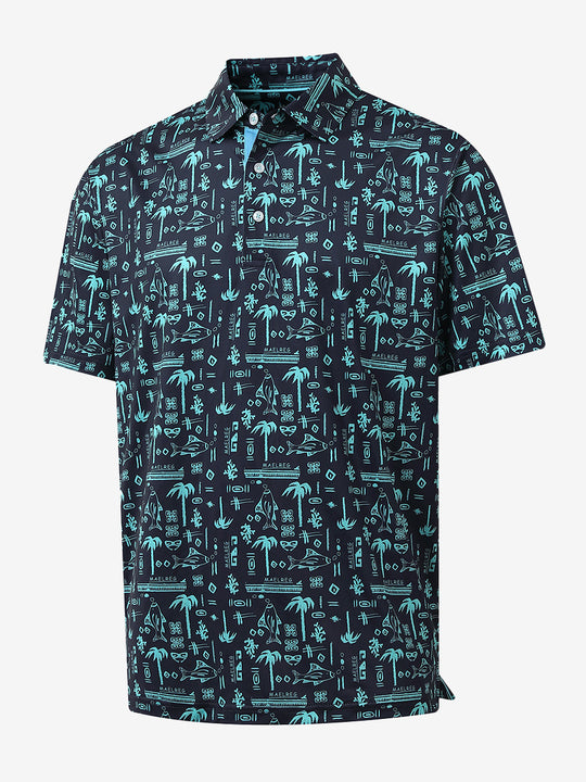 3D view of MAELREG Performance Jersey Print Polo in Navy Ocean Beach – breathable golf fabric