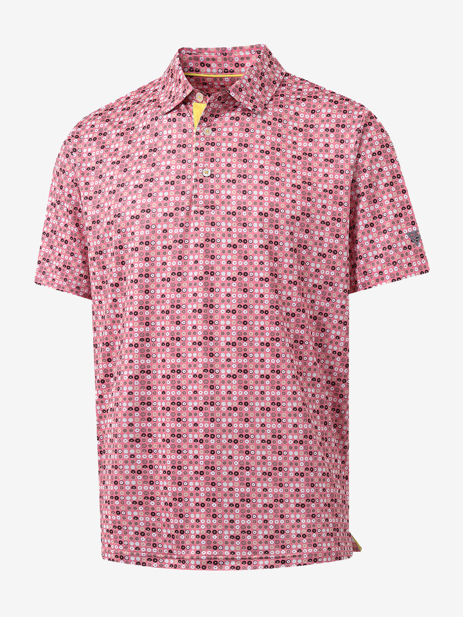 3D view of MAELREG Performance Jersey Print Polo in Pink Donut – breathable golf fabric
