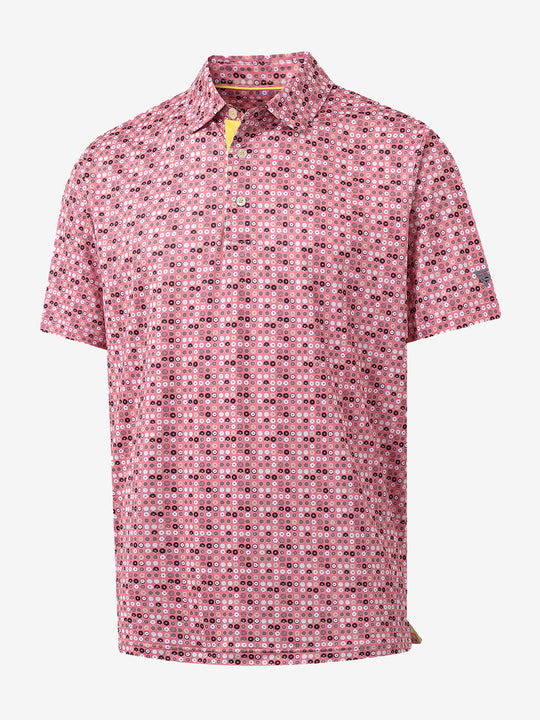 3D view of MAELREG Performance Jersey Print Polo in Pink Donut – breathable golf fabric