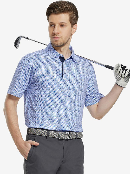 MAELREG Men's Performance Jersey Print Polo in Gingham Mosaic – front half-body with golf pose