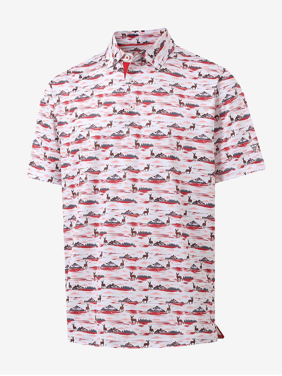 3D render showcasing SUNSET ELK polo’s detailed elk print and soft fabric texture