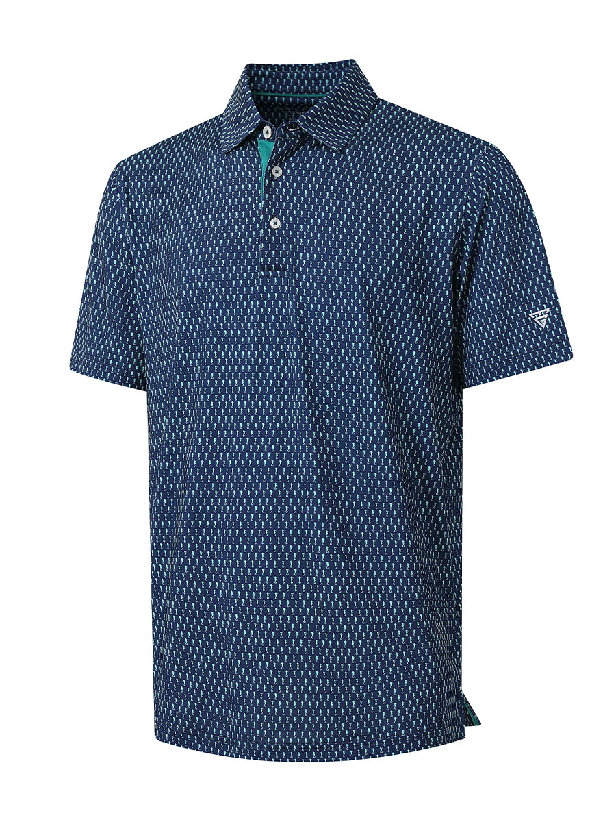 3D view showcasing the seahorse pattern on GREEN SEAHORSE Performance Print Boys Golf Polo