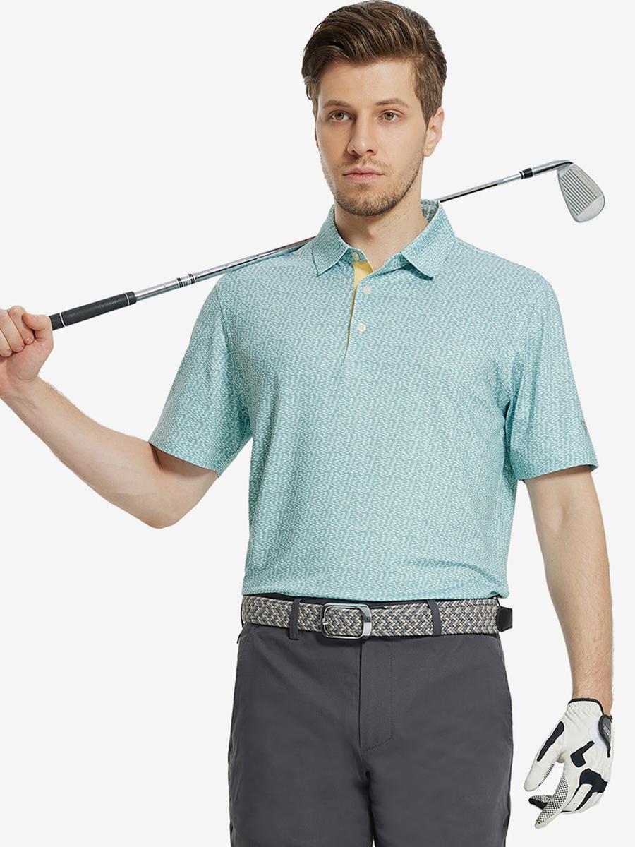 MAELREG Men's Performance Jersey Print Polo in Green White Fish – front half-body with golf pose