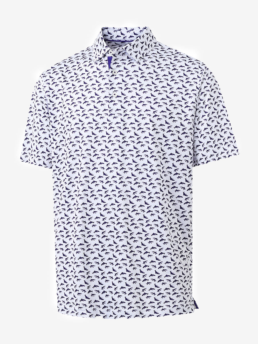 3D view of MAELREG Performance Jersey Print Polo in White Purple Shark – breathable golf fabric