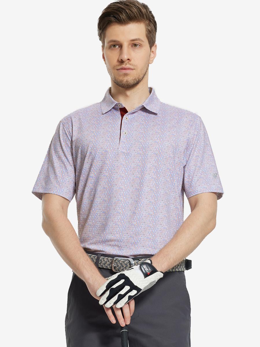 MAELREG Men's Performance Jersey Print Polo in Colourful Hexagon – front half-body with golf pose