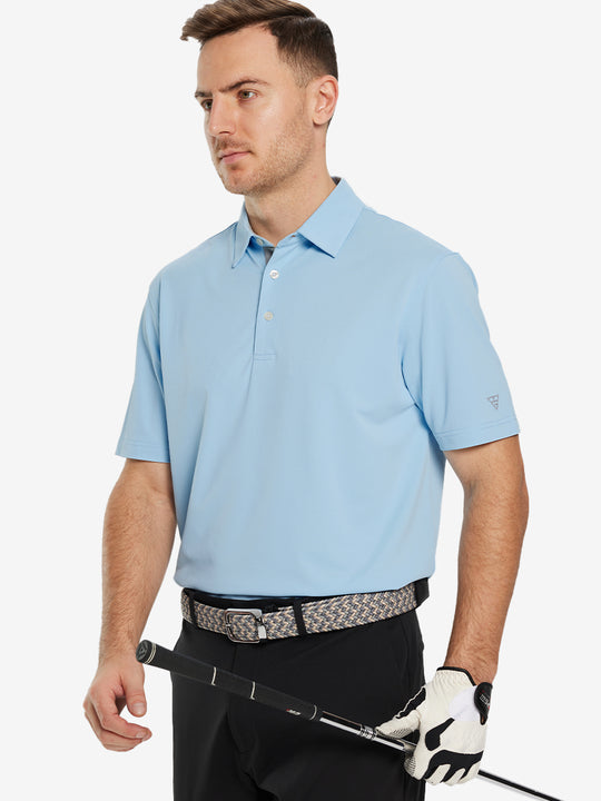 Half-body front pose with golf club in SKY BLUE Ventilated Pique Performance Polo