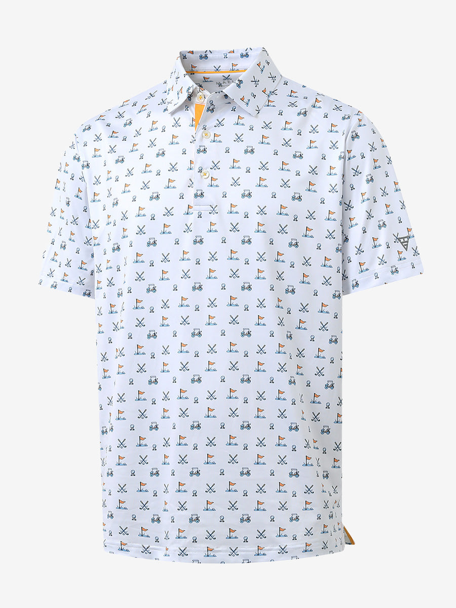 3D view of MAELREG Performance Jersey Print Polo in White Golf – breathable golf fabric