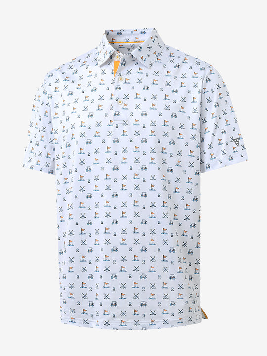 3D view of MAELREG Performance Jersey Print Polo in White Golf – breathable golf fabric