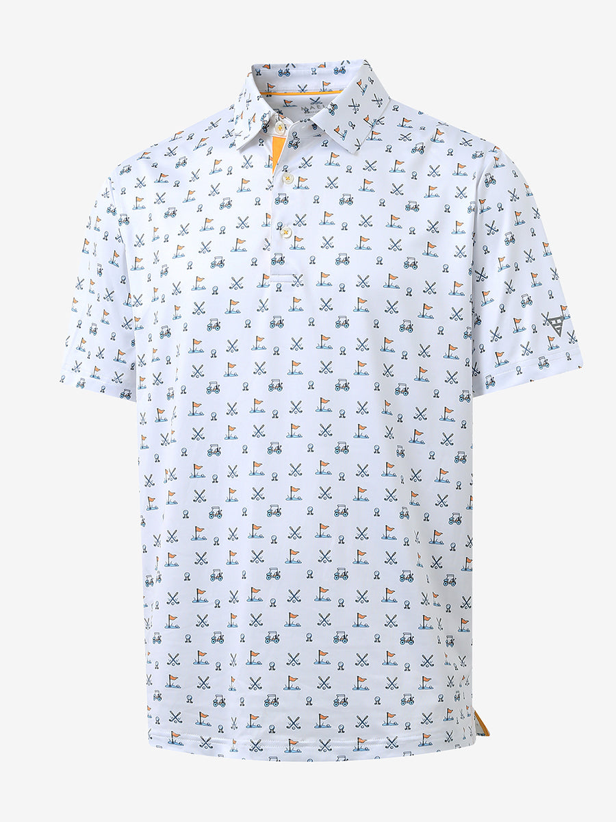 3D view showcasing the crisp design on WHITE GOLF Performance Print Boys Golf Polo