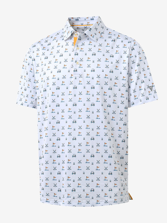 3D view showcasing the crisp design on WHITE GOLF Performance Print Boys Golf Polo
