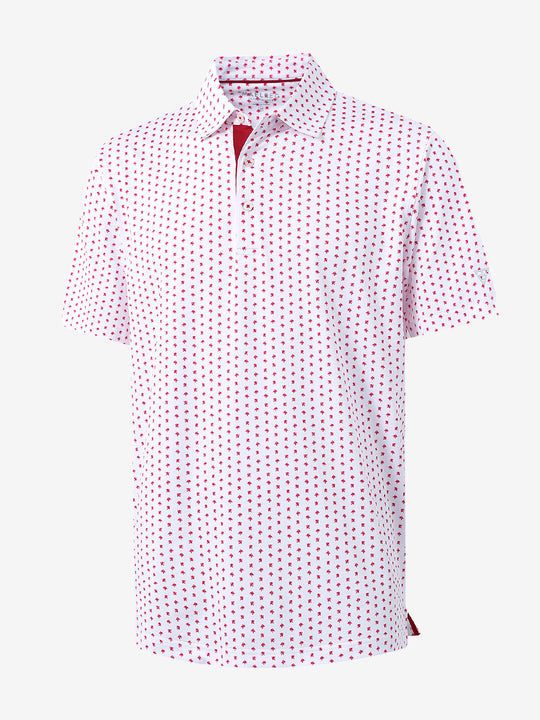 3D view showcasing the bold pattern on WHITE RED LION Performance Print Boys Golf Polo