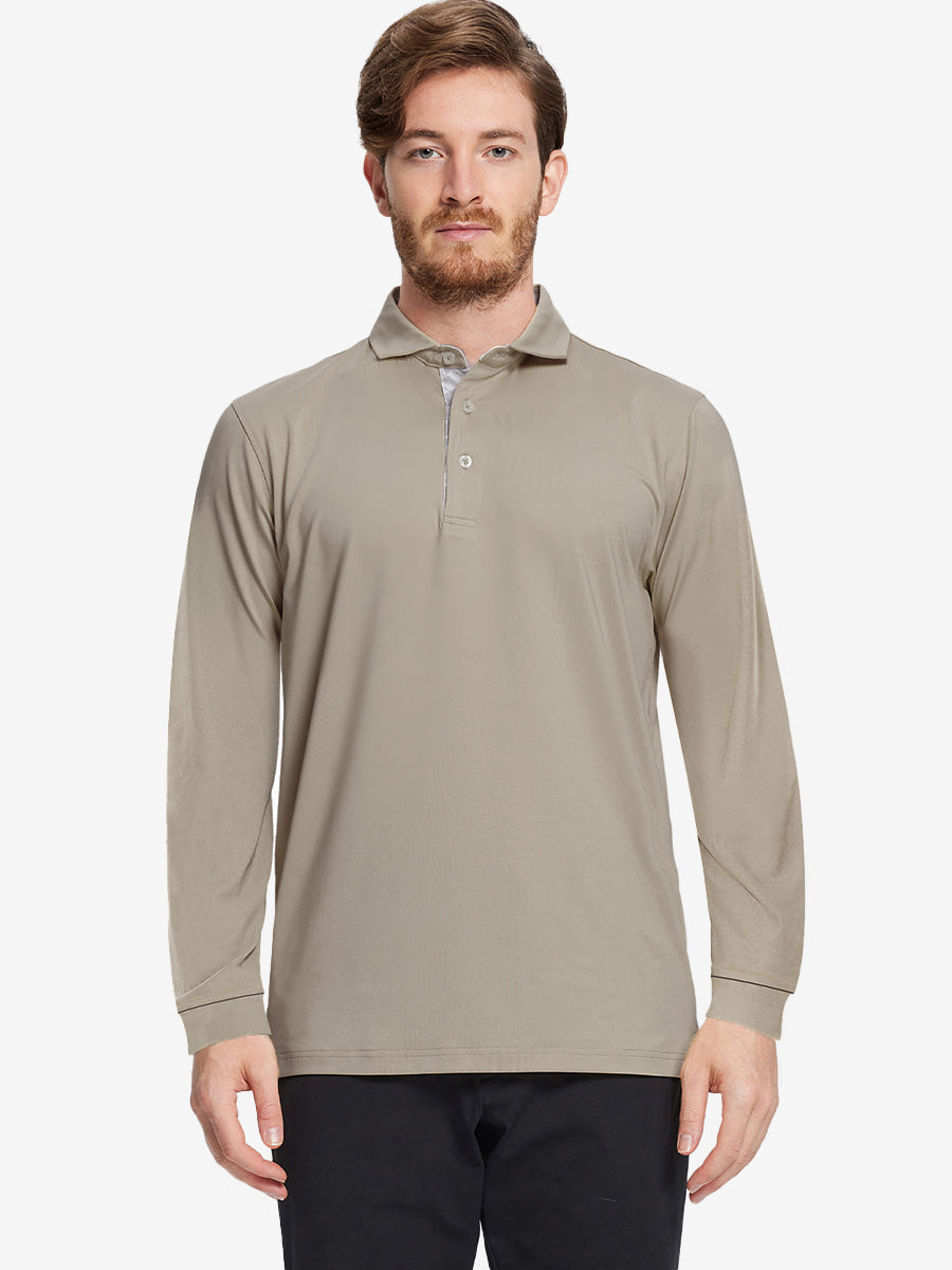 Front half-body view of model wearing DARK KHAKI Long Sleeve Solid Jersey Polo