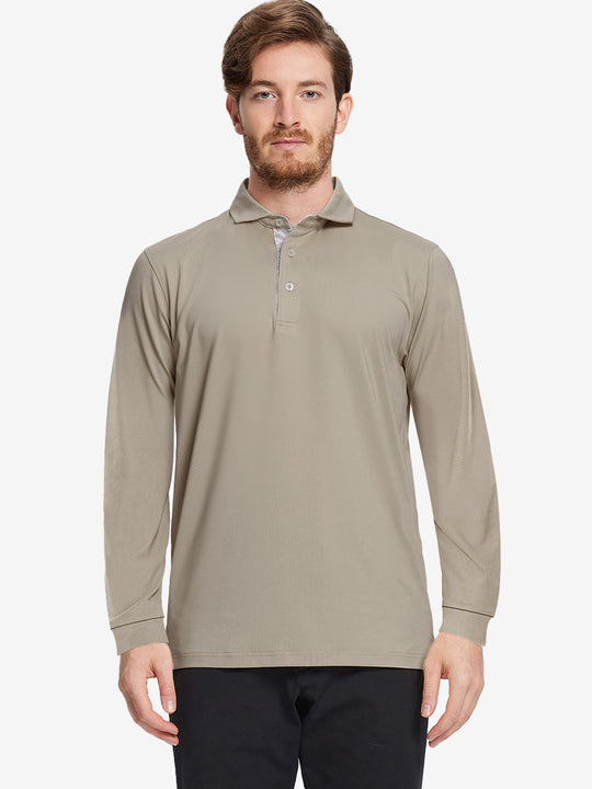 Front half-body view of model wearing DARK KHAKI Long Sleeve Solid Jersey Polo