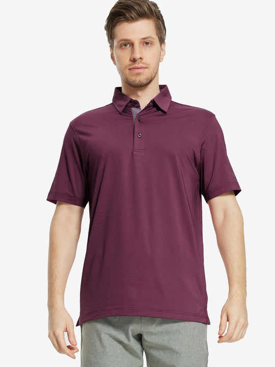 Front half-body view of male model in the Bordeaux Red Everyday Classic Solid Polo, standing still