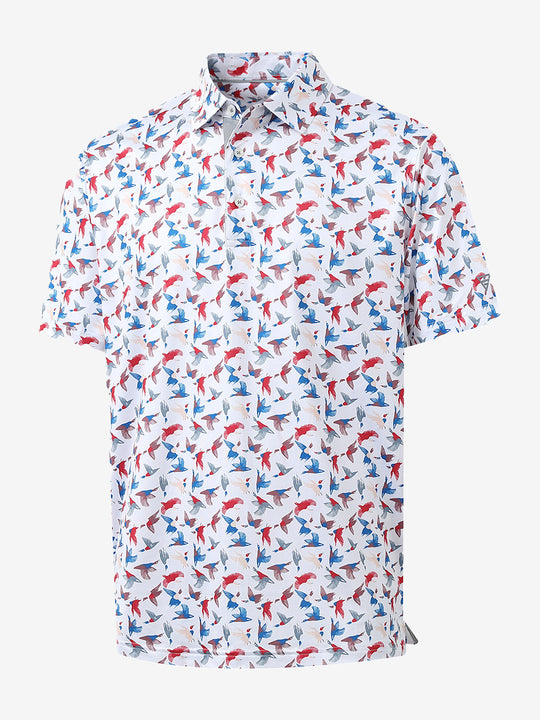 3D view of MAELREG Performance Jersey Print Polo in Colorful Wild Goose – breathable golf fabric