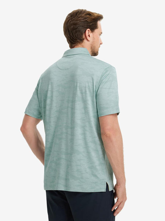 BERYL GREEN HEATHER Camo Heather Jacquard Polo back view, half body of model