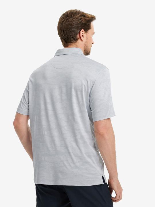 LIGHT GREY HEATHER Camo Heather Jacquard Polo back view, half body of model