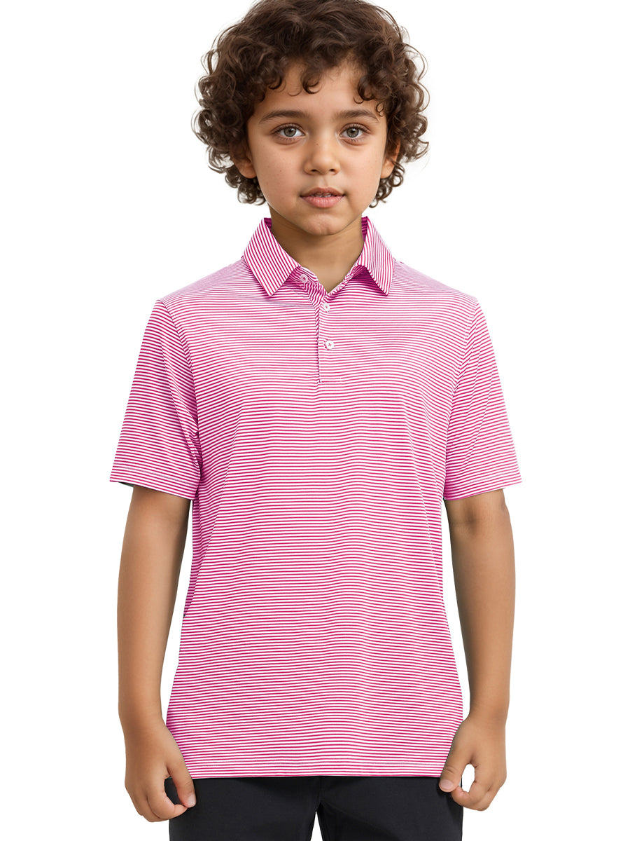MAELREG Youth Polo – half-body front view, neutral pose in Rose Stripe