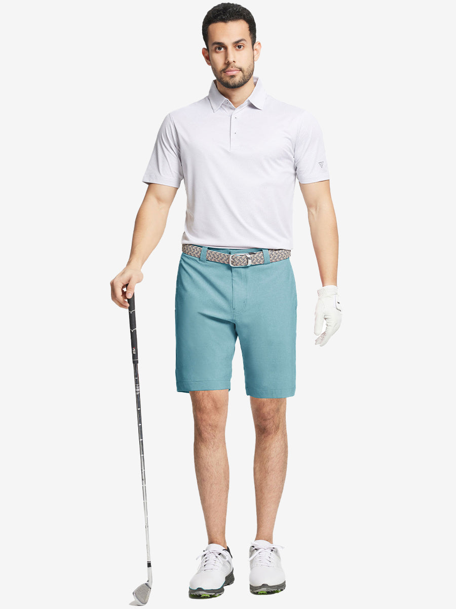 Full body front view of model wearing BLUE LIGHT 9 Inch Heather Performance Golf Shorts, holding a golf club