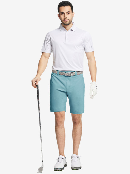 Full body front view of model wearing BLUE LIGHT 9 Inch Heather Performance Golf Shorts, holding a golf club