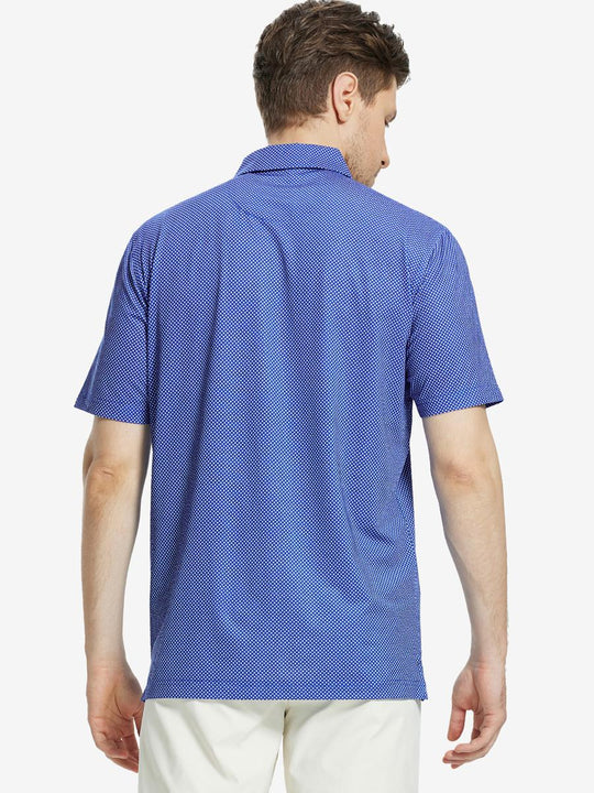 Back view of MAELREG Men's Performance Jersey Print Polo in Blue Wavy Line – athletic fit