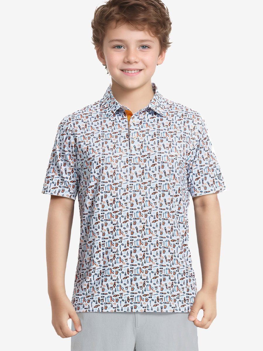 Front half-body shot of boy model in WHITE ORANGE PICNIC Performance Print Boys Golf Polo, ready to play