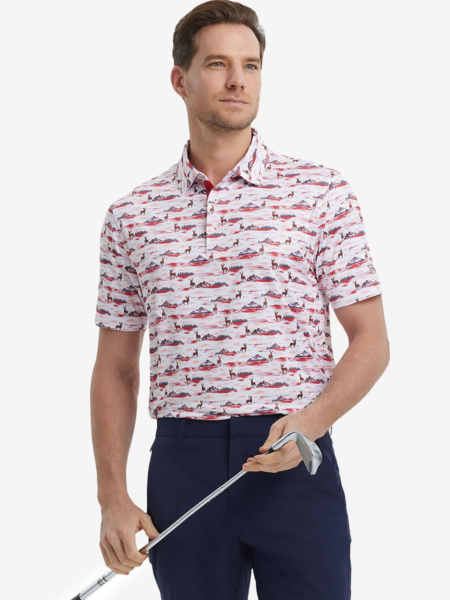 MAELREG Men's Performance Jersey Print Polo in Sunset Elk – front half-body with golf pose