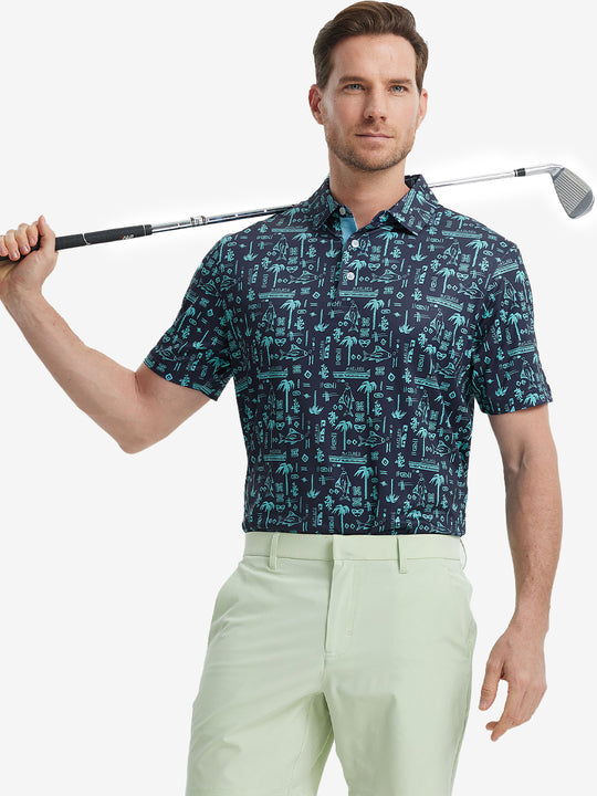 MAELREG Men's Performance Jersey Print Polo in Navy Ocean Beach – front half-body with golf pose