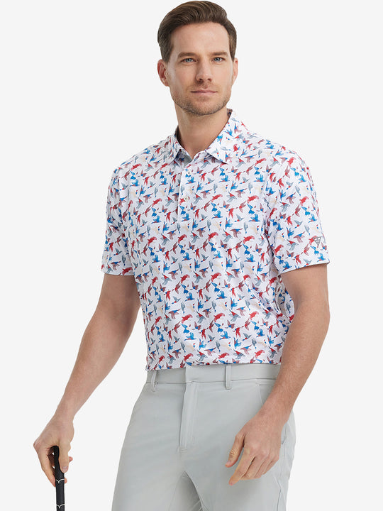 MAELREG Men's Performance Jersey Print Polo in Colorful Wild Goose – front half-body with golf pose
