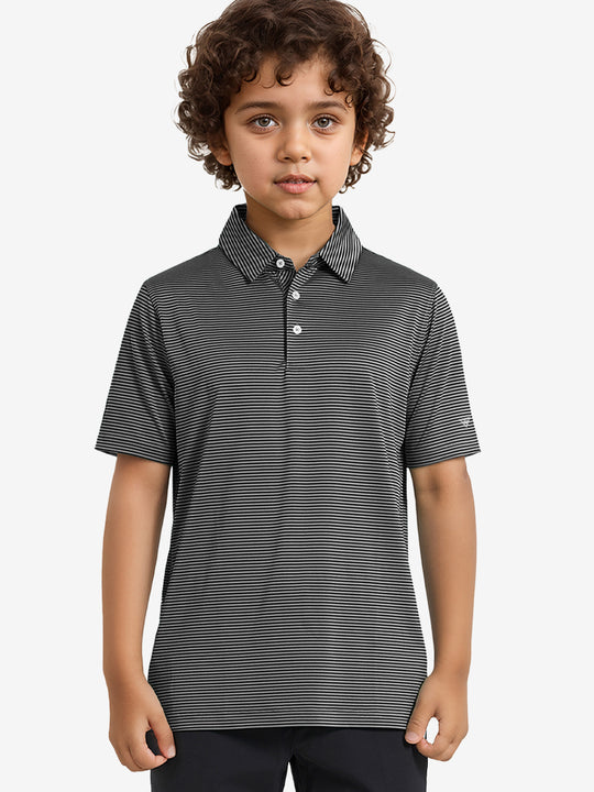 MAELREG Youth Polo – half-body front view, neutral pose in Black Stripe