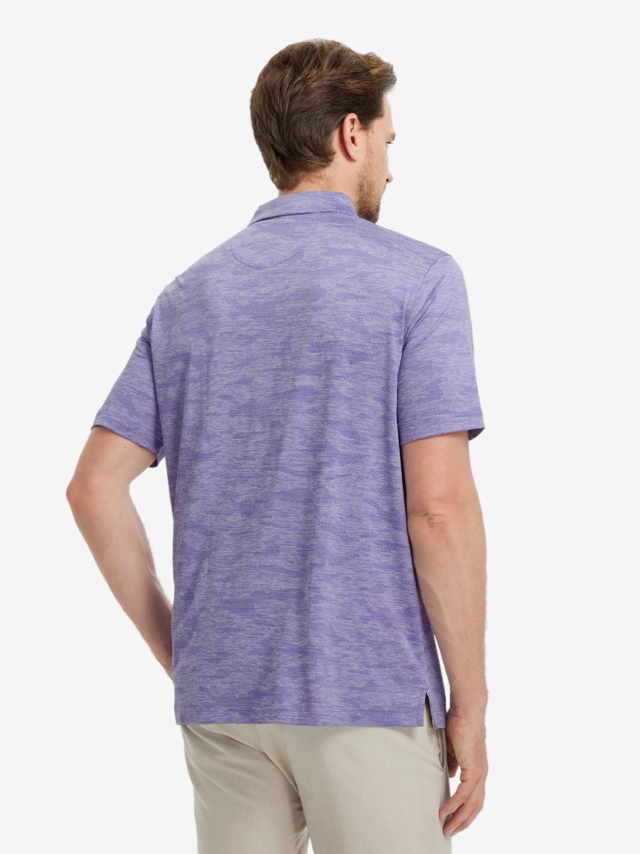 PURPLE HEATHER Camo Heather Jacquard Polo back view, half body of model